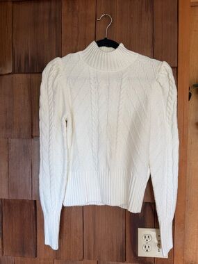 LOFT Cream Cable-Knit Turtleneck Sweater with Puff Shoulders